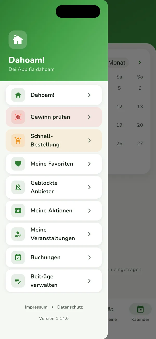 Menü mit Favoriten, Aktionen und Veranstaltungen